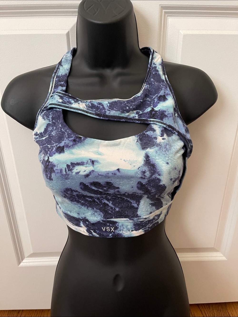 VSX Asymmetrical Blue and White Marble Racerback Sports Bra/Crop Top